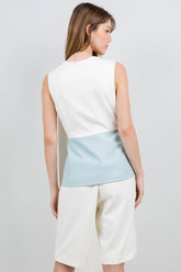 Contrasted Sleeveless Button Down Top - Cream/Jade
